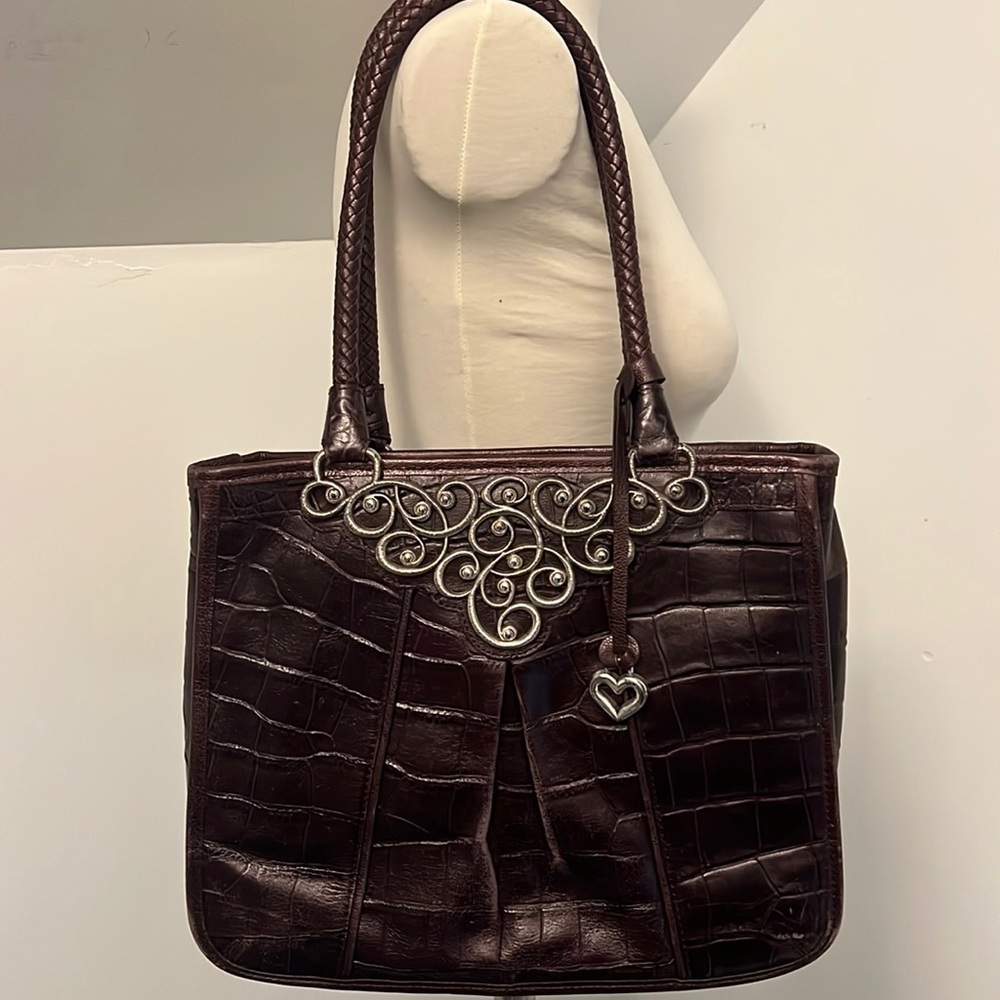 1990’s Brighton C216279 Mahogany woven leather/Crocodile shoulder bag . Authentic BRIGHTON